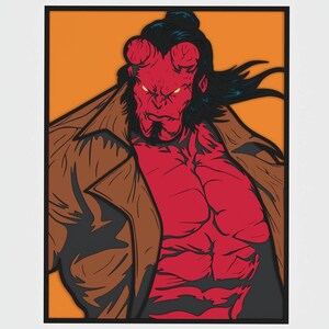 May include: A red-skinned, horned character with black hair and a brown jacket. The character has a serious expression and is looking directly at the viewer.