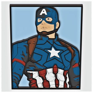 May include: A close-up of Captain America's face, wearing his iconic red, white, and blue costume. The image is in a comic book style, with bold outlines and flat colours. The text "A" is visible on his helmet.