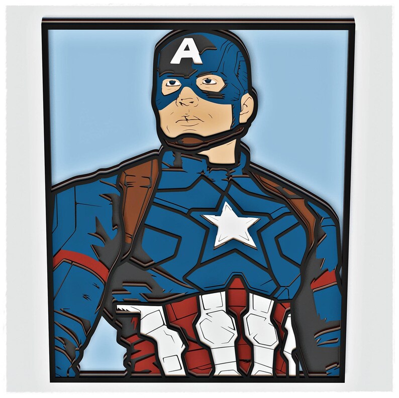 May include: A close-up of Captain America's face, wearing his iconic red, white, and blue costume. The image is in a comic book style, with bold outlines and flat colours. The text "A" is visible on his helmet.