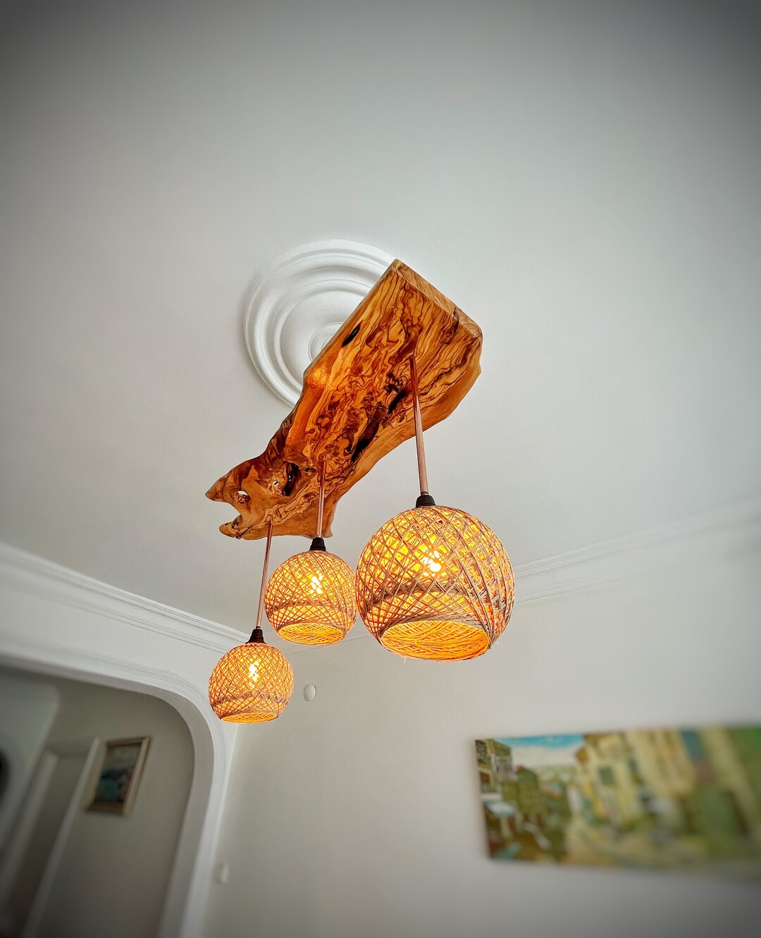 Olive Wood Live Edge Light Fixture Rustic Wood Chandelier Etsy