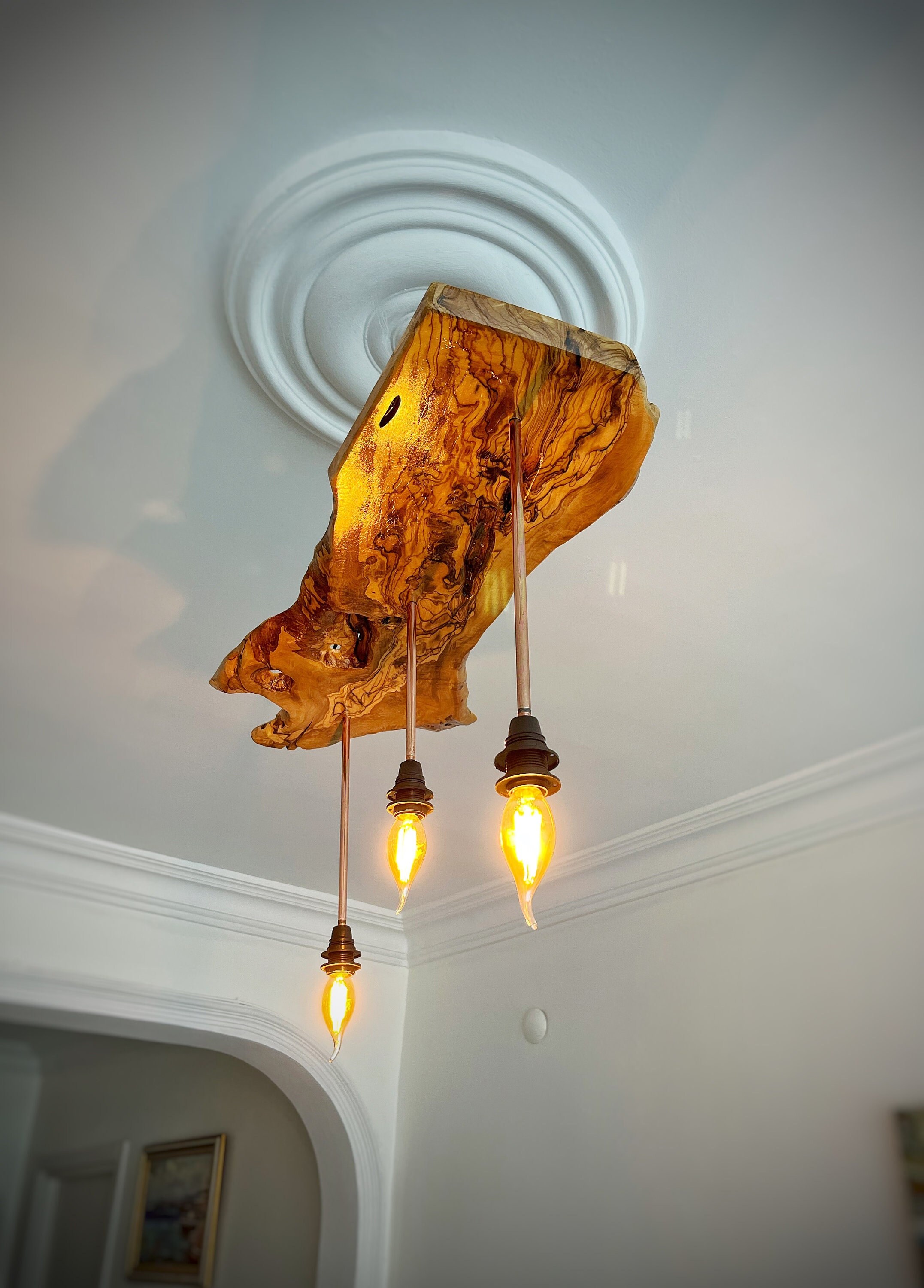 Olive Wood Live Edge Light Fixture Rustic Wood Chandelier Etsy