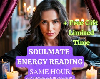 May include: An image featuring a woman with long dark hair, seated at a table. The text overlay reads "Soulmate Energy Reading, Same Hour" with additional text about a free gift and limited time. Lit candles and a decorative box are visible.