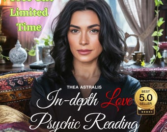 Könnte beinhalten: Das Bild zeigt eine Frau mit dunklem Haar. Text-Overlay: "In-depth Love Psychic Reading" und "Best 5.0 Seller." Zusätzlicher Text: "+ Free Gift Limited Time." Das Bild hat eine warme, einladende Ästhetik.