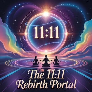 May include: Digital artwork depicting a celestial scene with the numbers "11:11" within a luminous circle. Three figures are silhouetted in meditation below, with the text "The 11:11 Rebirth Portal" at the bottom. The background features stars, clouds, and a vivid colour scheme.