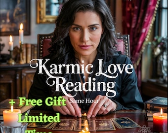 Könnte beinhalten: Werbebild für eine "Karmische Liebeslesung". Der Text enthält "Sehr detailliert, gleiche Stunde, gleicher Tag", "+ Kostenloses Geschenk" und "Begrenzte Zeit". Eine Frau sitzt an einem Tisch mit Tarotkarten, Kerzen und einem Buch. Der Service wird von Thea Astralis angeboten.