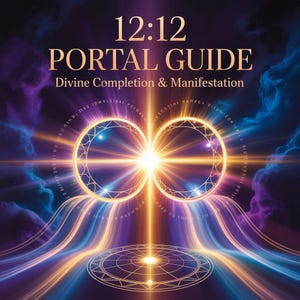 May include: An artistic digital image with the text "12:12 PORTAL GUIDE Divine Completion & Manifestation". The image features a bright light emanating from two infinity-shaped symbols, with streams of light in shades of orange, purple, and blue.