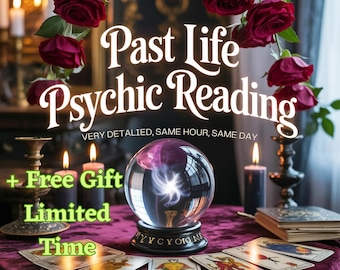 Könnte beinhalten: Ein Bild, das eine Wahrsage-Dienstleistung bewirbt. Es zeigt eine Kristallkugel, Tarotkarten, Kerzen und Rosen. Der Text auf dem Bild lautet "Past Life Psychic Reading" und "+ Free Gift Limited Time."