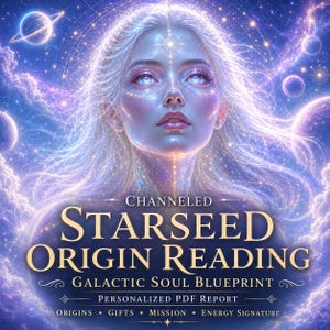 May include: Digital art featuring a celestial woman with flowing white hair and blue eyes, set against a cosmic background. The text reads "CHANNELED STARSEED ORIGIN READING" and "GALACTIC SOUL BLUEPRINT". The image is a personalized PDF report.