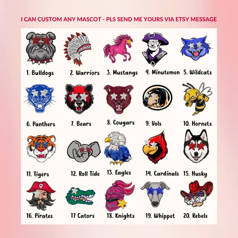 May include: A collection of 20 mascot designs, each featuring a different animal or figure, such as a bulldog, panther, and pirate. The designs are in a cartoon style, with some wearing sunglasses. Text at the top says "I CAN CUSTOM ANY MASCOT - PLS SEND ME YOURS VIA ETSY MESSAGE."