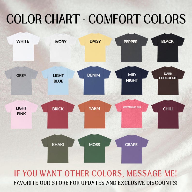 Pu&ograve; includere: Tabella colori che mostra 18 diversi colori di maglietta di Comfort Colors. I colori sono disposti in una griglia di quattro righe e cinque colonne. I colori includono bianco, avorio, margherita, pepe, nero, grigio, azzurro, denim, blu notte, cioccolato fondente, rosa chiaro, mattone, filo, anguria, peperoncino, kaki, muschio e uva.