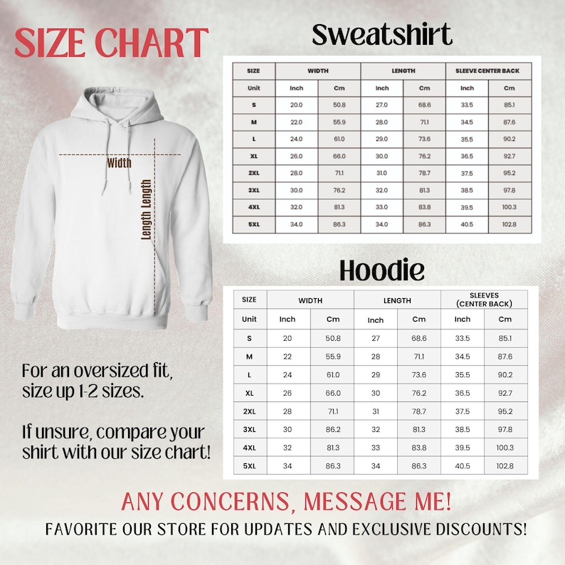 Peut inclure: Un sweat &agrave; capuche blanc avec un tableau des tailles pour les sweats et les sweats &agrave; capuche. Le tableau comprend des mesures en pouces et en centim&egrave;tres pour la largeur, la longueur et le dos des manches. Le texte sur l'image dit "Pour une coupe oversize, prenez une taille au-dessus".