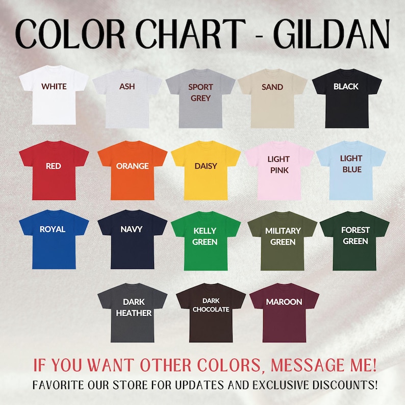 Pu&ograve; includere: Tabella colori che mostra 18 diversi colori di t-shirt Gildan. I colori sono disposti in righe e includono bianco, cenere, grigio sportivo, sabbia, nero, rosso, arancione, giallo, rosa chiaro, azzurro, blu reale, blu navy, verde kelly, verde militare, verde bosco, grigio melange scuro, cioccolato scuro e bordeaux.