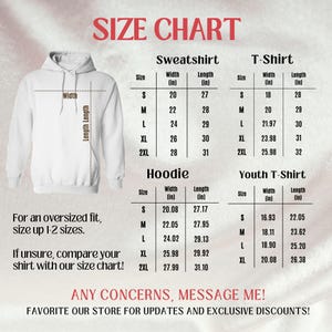 Pu&ograve; includere: Tabella delle taglie per felpe, t-shirt, felpe con cappuccio e t-shirt per ragazzi. La tabella mostra la larghezza e la lunghezza in pollici per ogni taglia, dalla S alla 2XL.  Per una vestibilit&agrave; oversize, aumenta di una o due taglie. In caso di dubbi, confronta la tua maglietta con la nostra tabella delle taglie! Per qualsiasi dubbio, contattami! Aggiungi il nostro negozio ai tuoi preferiti per non perdere gli aggiornamenti e gli sconti esclusivi!