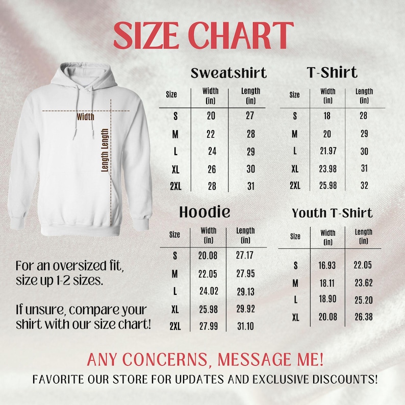 Pu&ograve; includere: Tabella delle taglie per felpe, t-shirt, felpe con cappuccio e t-shirt per ragazzi. La tabella mostra la larghezza e la lunghezza in pollici per ogni taglia, dalla S alla 2XL.  Per una vestibilit&agrave; oversize, aumenta di una o due taglie. In caso di dubbi, confronta la tua maglietta con la nostra tabella delle taglie! Per qualsiasi dubbio, contattami! Aggiungi il nostro negozio ai tuoi preferiti per non perdere gli aggiornamenti e gli sconti esclusivi!