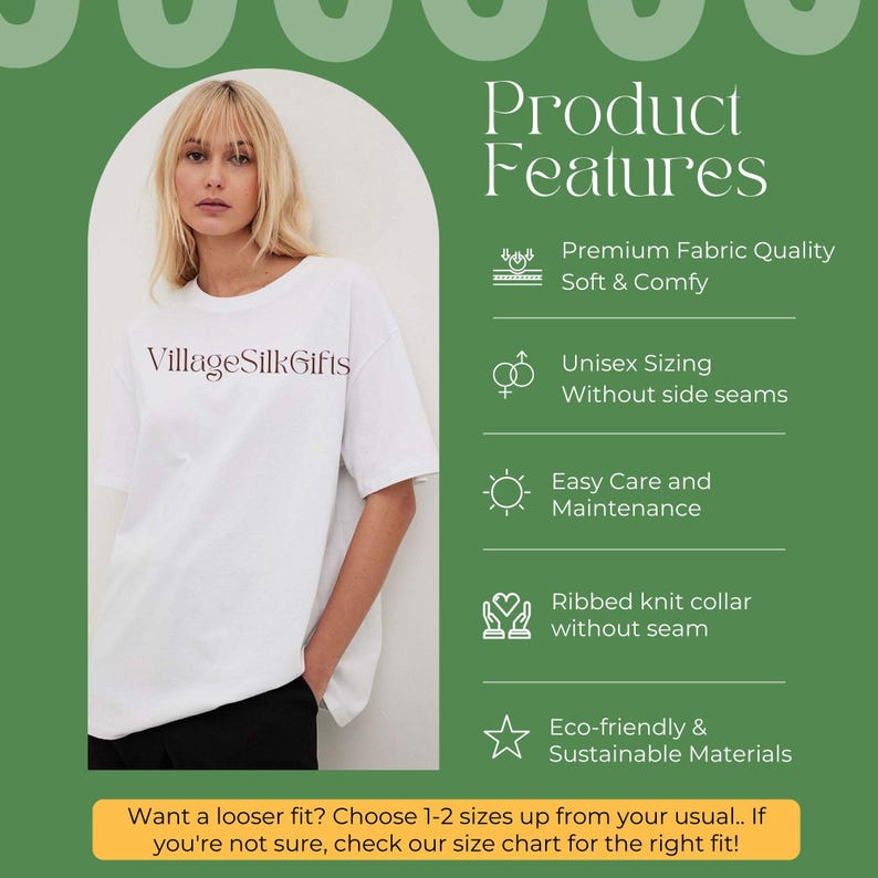 May include: White unisex t-shirt with the text "VillageSilkGifts" printed on the front. The t-shirt is made from soft and comfortable fabric and has a ribbed knit collar without a seam. It is also eco-friendly and made from sustainable materials.