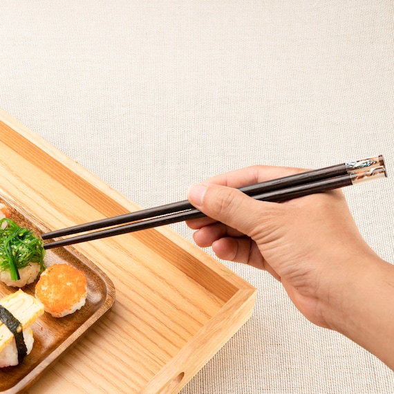Round Trac wooden chopsticks with abalone head. Personalized Chopsticks.