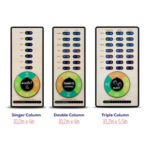 May include: Three rectangular light wood medication trackers with sliding toggles for days of the week. Each features a circular dial for monthly tracking and a bottom row for months of the year. Labels include Singer Column 10.2in x 4in, Double Column 10.2in x 4in, and Triple Column 10.2in x 5.5in.