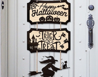 Happy Halloween Sign Decor. Wood Front Door Hanger. Trick or Treat Entryway Wall Decor. Spooky Welcome Sign Gift for Halloween. Fall Decor