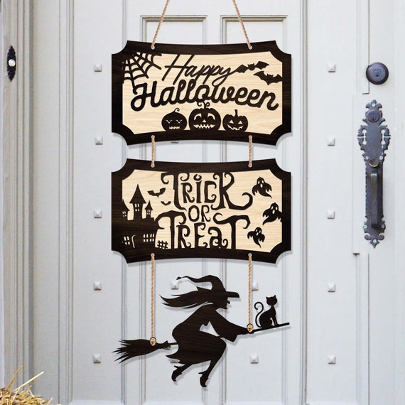 Happy Halloween Sign Decor. Wood Front Door Hanger. Trick or Treat Entryway Wall Decor. Spooky Welcome Sign Gift for Halloween. Fall Decor