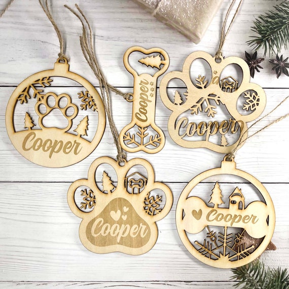Set of 5 laser-cut wooden ornaments tags and box. Ornament dog personalized gift for Christmas. Personalized Pet. Christmas Tree Ornaments.