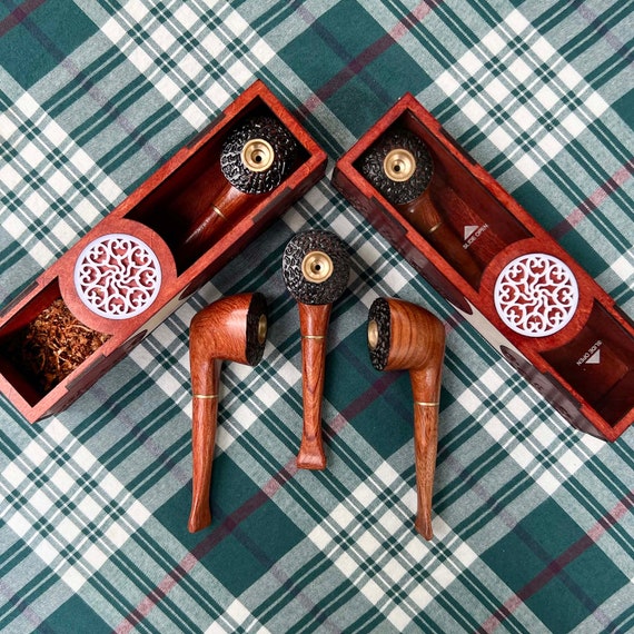 Personalized Wooden Smoking pipe with Box. Handmade smoking pipe made of GO SUA VIETNAM wood. Bent Pipe for Tobacco and Cigarette
