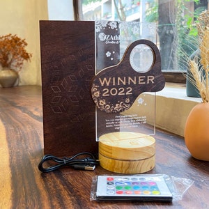 Premium Cup Trophy Award Personalized Free engraving. Acrylic Trophy with Wood Gift for excellent people. Cup Trophy With Base LED and Box.