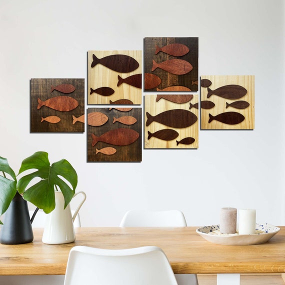 Shoal of fish wall art. Set of 6 wood panels arrange wall art. School of fish pinewood contemporary style. Handmade fish coastal home decor
