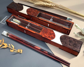 Juego de palillos de palisandro personalizados. Palillo Premium con Caja. Regalo de palillo con nombre grabado. Palillos de favor de boda, kit de comida.