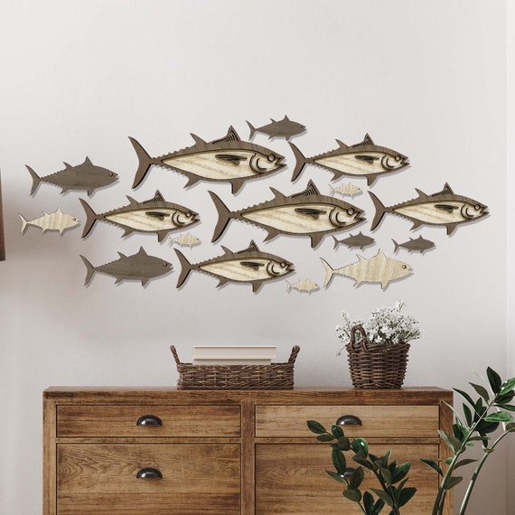 Shoal of Fish Wooden and Box. Shoaling and schooling, Box of 20 fish of various sizes, Personalized laser engraved on the box