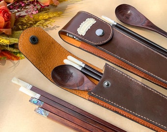 Personalized Chopsticks and Spoons Leather Case, Custom name Cowhide Bag, Pouch Leather Handmade, Premium Chopsticks with Spoons gift.