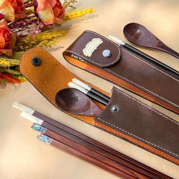 Personalized Chopsticks and Spoons Leather Case, Custom name Cowhide Bag, Pouch Leather Handmade, Premium Chopsticks with Spoons gift.