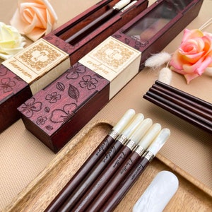 Personalized Rosewood Chopsticks Set. Premium Chopsticks with Box and Holder. Silver & Seashell Chopsticks Gift. Engraved Monogram style