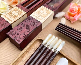 Personalized Rosewood Chopsticks Set, Silver Abalone Tip, Engraved Box