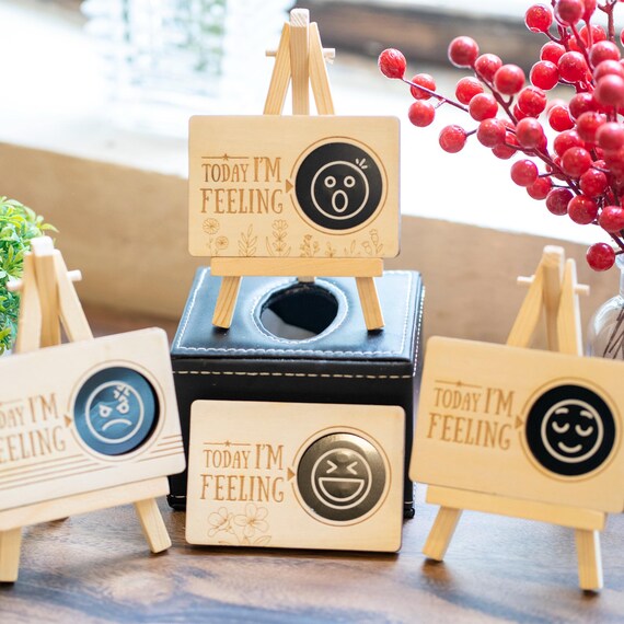 Wooden Emoji Desk Ornament, Customizable Mood Display, Home Office Decor. Emoji Feelings Chart.