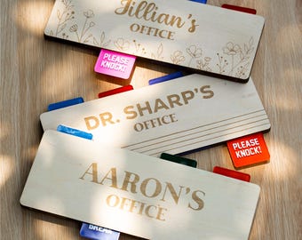 Personalized Wooden Office Door Sign | Sliding Status Tabs, Floral Etched Decor