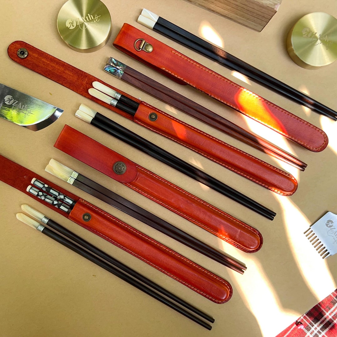 Personalized Chopsticks Pouch Leather Case. Custom Name Chopsticks With