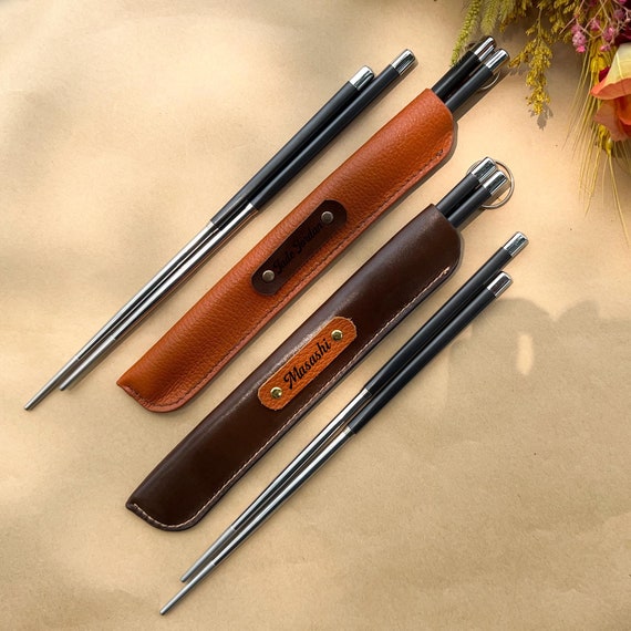 Personalized Fiberglass Chopsticks Pouch Leather. Stainless Steel Chopsticks With Leather Cowhide Case. Heat Resistant Chopsticks.