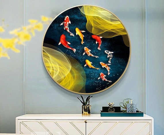 Personalized - Golden color Koi fish with lotus, ornamental fish Wall art Acrylic Plexiglass Glossy UV Print Ready To Hang