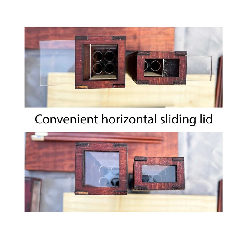 Puede incluir: Una caja de madera con una tapa deslizante. La caja tiene una ventana de acr&iacute;lico transparente que muestra el interior. La caja est&aacute; dise&ntilde;ada para guardar bol&iacute;grafos o l&aacute;pices.  "Convenient horizontal sliding lid" est&aacute; impreso en la caja.