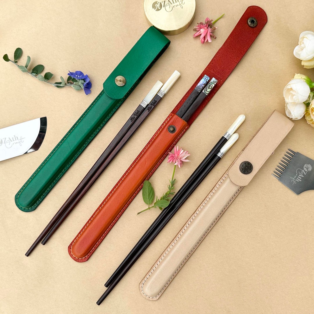 Personalized Chopsticks Pouch Leather Case. Custom Name Chopsticks With