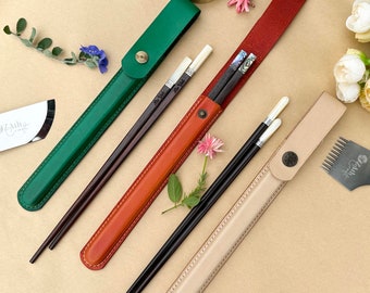 Personalized Chopsticks Pouch Leather Case. Custom Name Chopsticks with Cowhide leather Bag, Veg Leather Handmade, Premium Chopsticks gift.