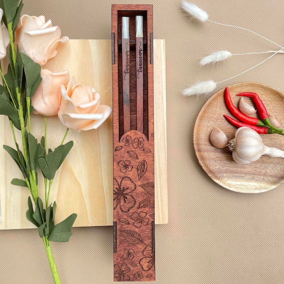 Personalized Rosewood Chopsticks Gift. Chopstick Box Case. Engraved Chopstick Dinnerware Utensils. Office Chopstick Gift. Travel Chopstick