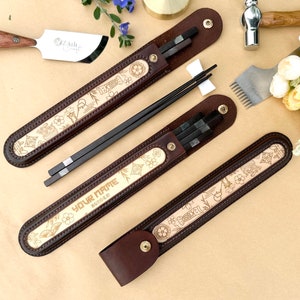 Personalized Chopsticks Pouch Leather Case. Japanese Chopsticks with Cowhide leather Bag, Veg Leather Handmade, Premium Chopsticks gift