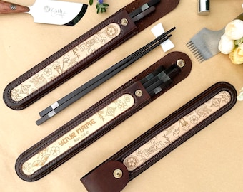 Personalized Chopsticks Pouch Leather Case. Japanese Chopsticks with Cowhide leather Bag, Veg Leather Handmade, Premium Chopsticks gift