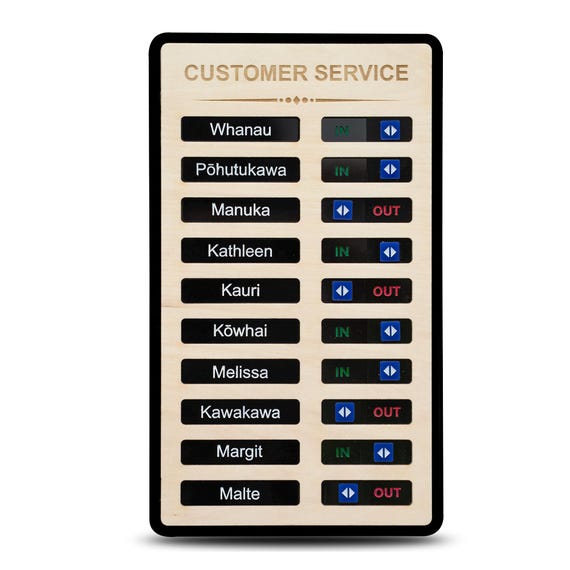 Customizable Wooden Office In-Out Board, 10 Name Staff Tracker, Sliding Sign Organization Tool