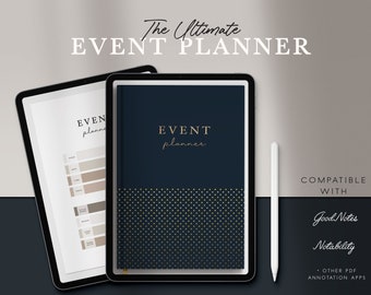 Puede incluir: Un planificador de eventos digital en la pantalla de una tableta con una cubierta azul marino y lunares dorados. El texto "EVENT planner" está escrito en dorado en la cubierta. La tableta está sobre una superficie gris con un lápiz blanco a su lado. El texto "COMPATIBLE WITH Good Notes Notability OTHER PDF ANNOTATION APPS" está escrito en blanco en el lado derecho de la imagen.