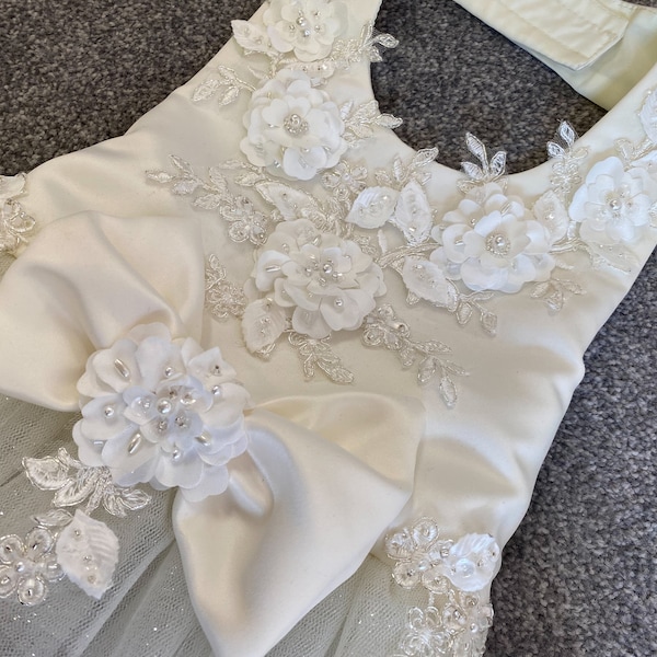Floral Applique Dog Dress, Ivory Satin Bodice, Tulle Skirt