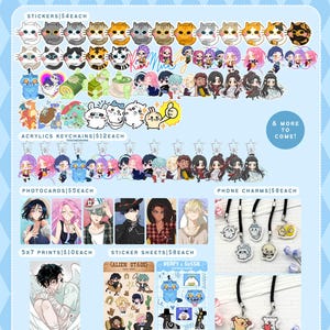 May include: A product catalog sheet from NYEOVV STUDIOS featuring various merchandise including stickers, acrylic keychains, photocards, phone charms, and 5x7 prints. The items display diverse illustrated characters, animals, and creatures in a colorful anime-inspired art style with text labels for each category and pricing.