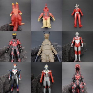 May include: Nine colourful action figures of various monster and superhero characters. The figures are in different poses and colours, including red, black, and silver. The figures are made of plastic and are likely toys.