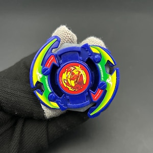 May include: A blue, yellow, and red spinning top toy. The toy has a circular design with a red dragon graphic in the center. The outer edges are yellow and green, with blue accents. The toy is held in a gray glove.